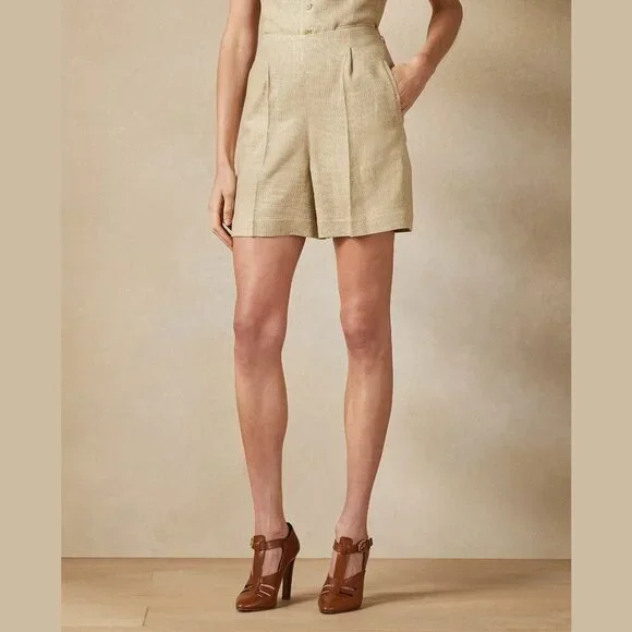 NEW Ralph Lauren Collection Ainsworth Tweed Shorts Tan Sage 14 Silk Linen Blend - Picture 2 of 7